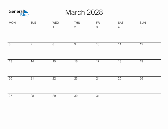 Printable March 2028 Calendar - Monday Start
