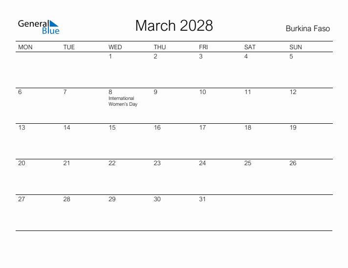 Printable March 2028 Calendar for Burkina Faso