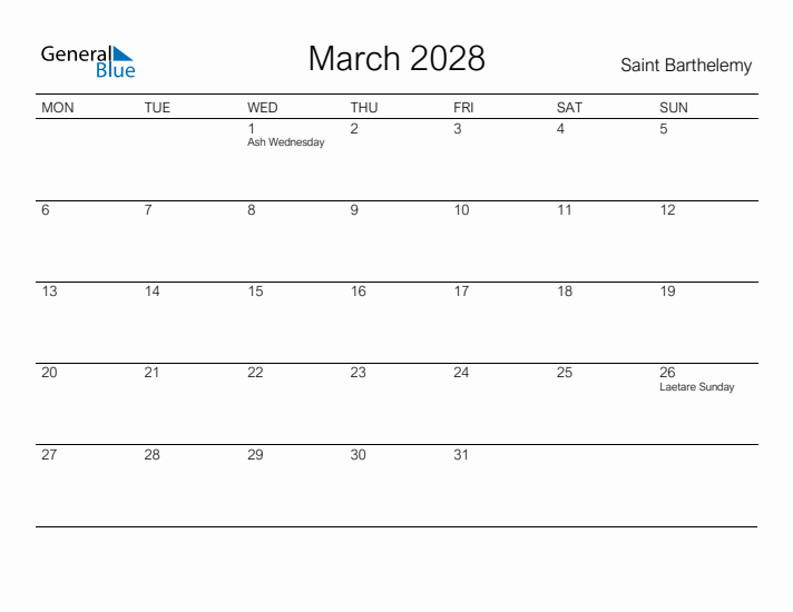 Printable March 2028 Calendar for Saint Barthelemy