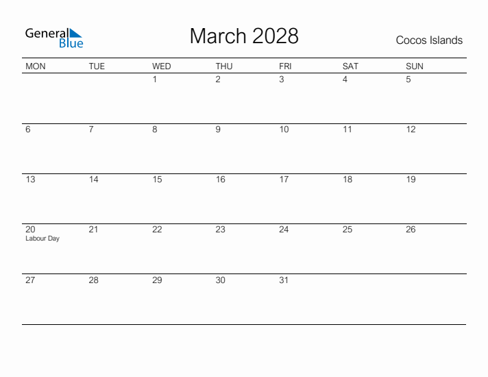 Printable March 2028 Calendar for Cocos Islands
