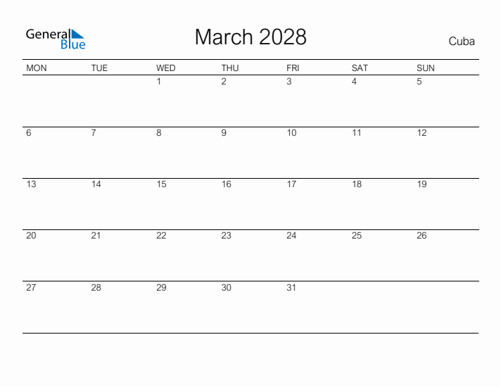 Printable March 2028 Calendar for Cuba