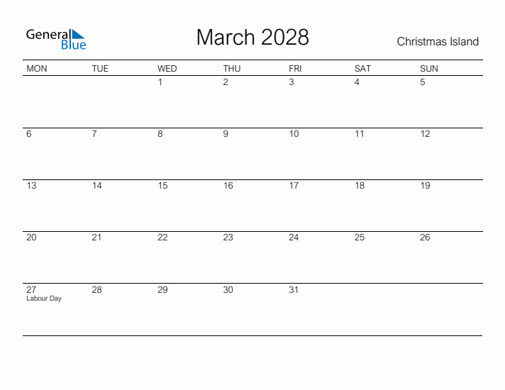 Printable March 2028 Calendar for Christmas Island