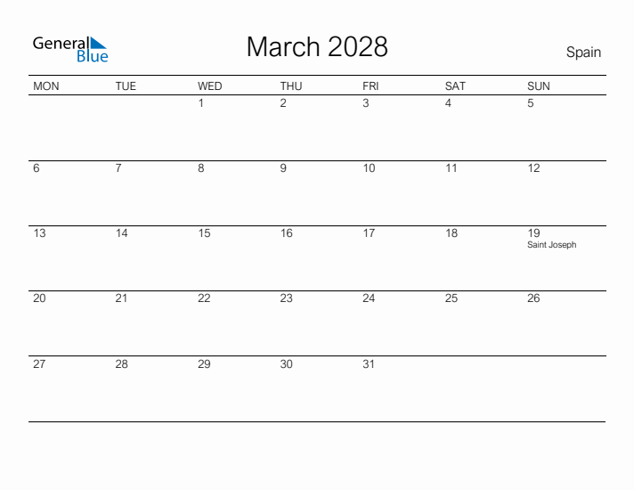 Printable March 2028 Calendar for Spain