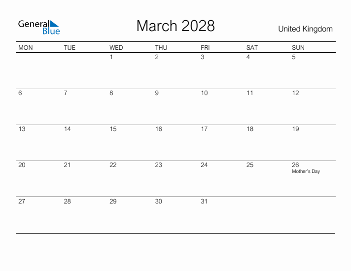 Printable March 2028 Calendar for United Kingdom