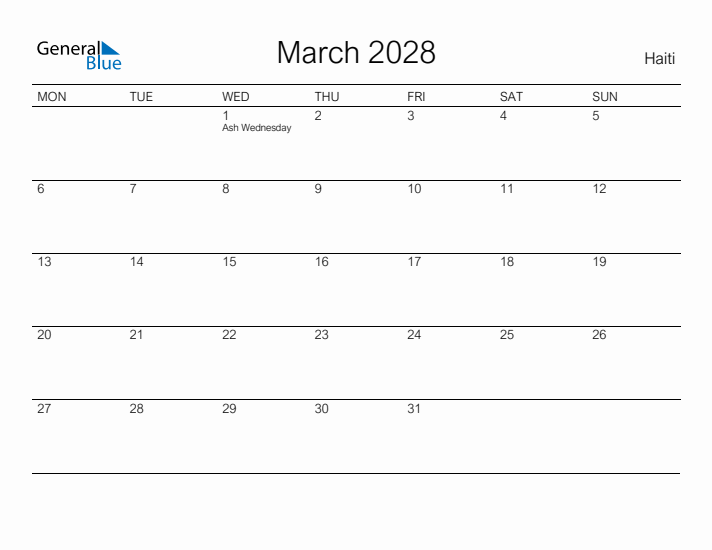 Printable March 2028 Calendar for Haiti