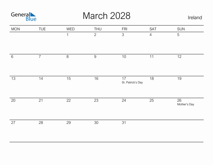 Printable March 2028 Calendar for Ireland