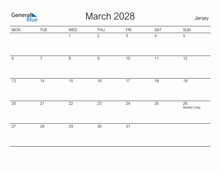 Printable March 2028 Calendar for Jersey