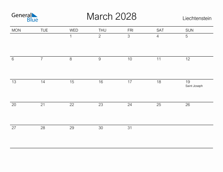 Printable March 2028 Calendar for Liechtenstein
