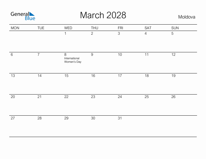 Printable March 2028 Calendar for Moldova