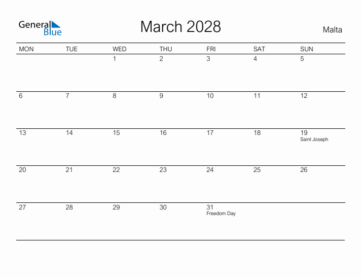 Printable March 2028 Calendar for Malta