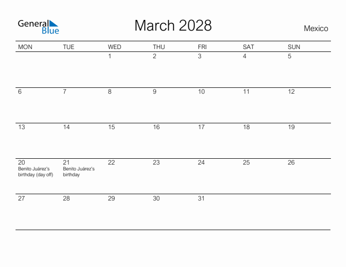 Printable March 2028 Calendar for Mexico