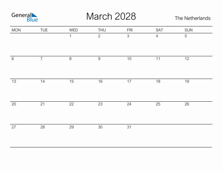 Printable March 2028 Calendar for The Netherlands