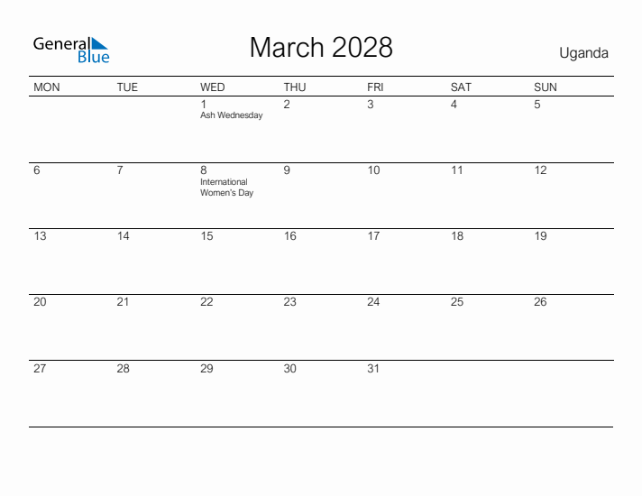 Printable March 2028 Calendar for Uganda