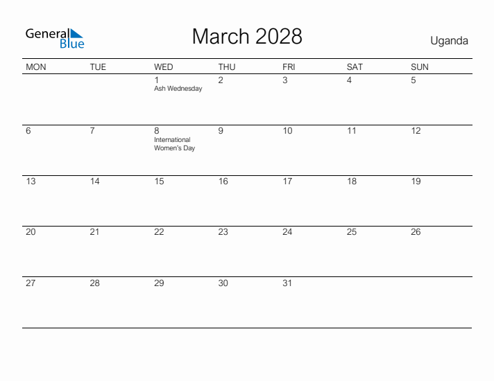 March 2028 - Uganda Monthly Calendar with Holidays