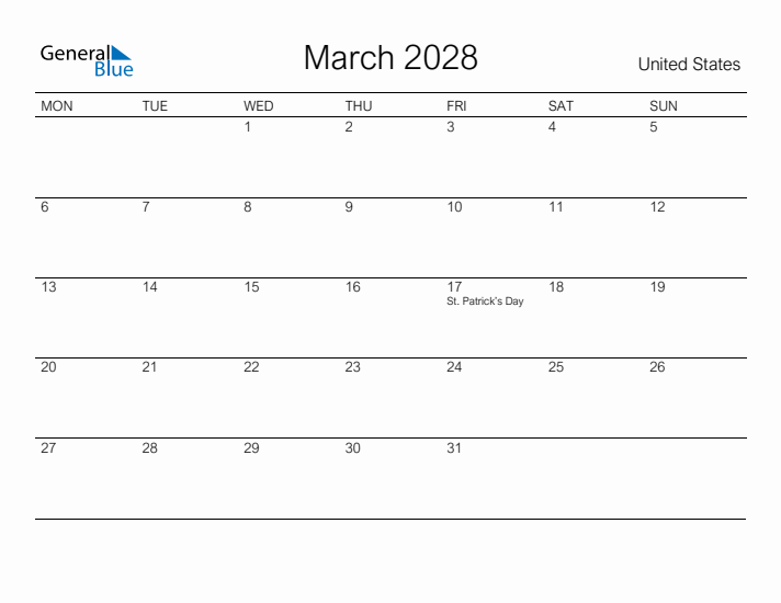 Printable March 2028 Calendar for United States