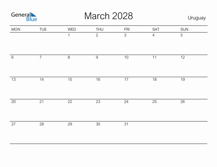 Printable March 2028 Calendar for Uruguay
