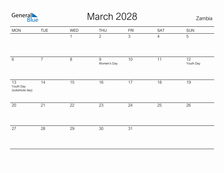 Printable March 2028 Calendar for Zambia