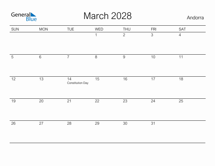 Printable March 2028 Calendar for Andorra
