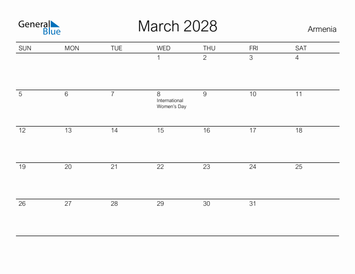 Printable March 2028 Calendar for Armenia