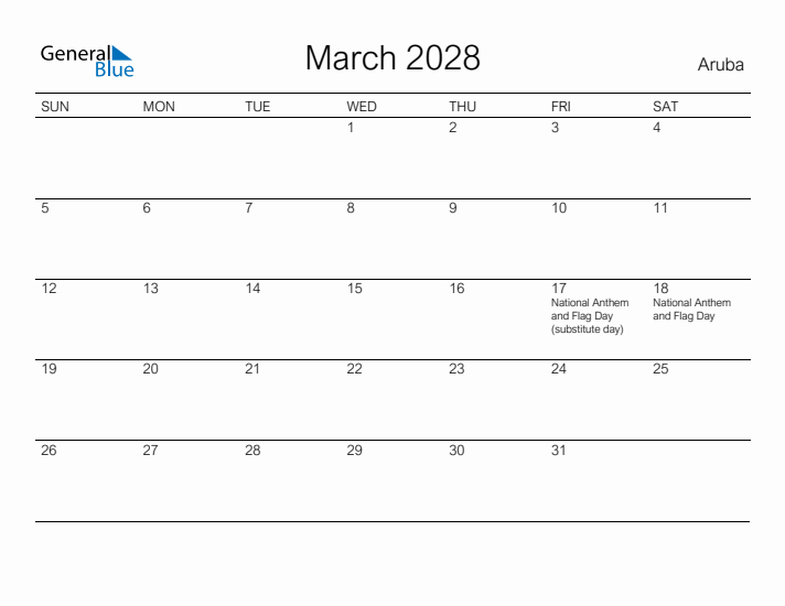 Printable March 2028 Calendar for Aruba