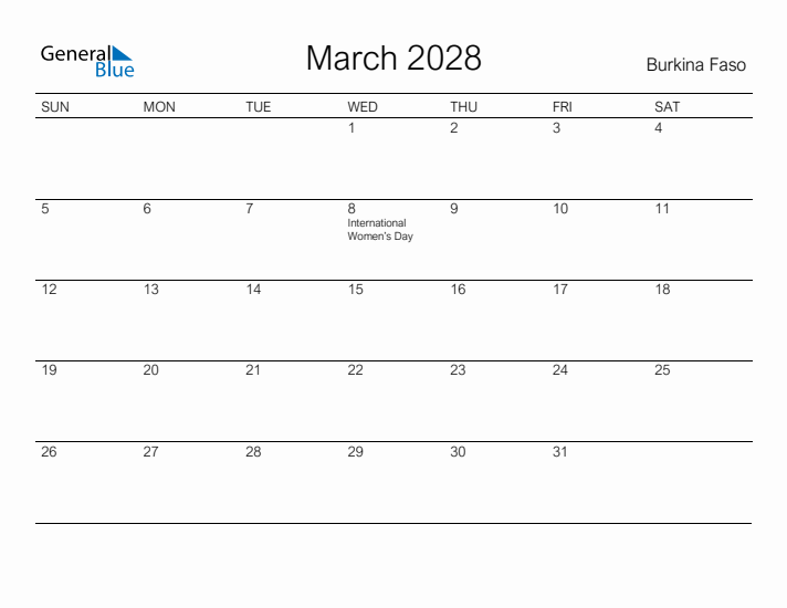 Printable March 2028 Calendar for Burkina Faso
