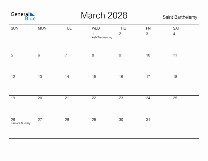 Printable March 2028 Calendar for Saint Barthelemy
