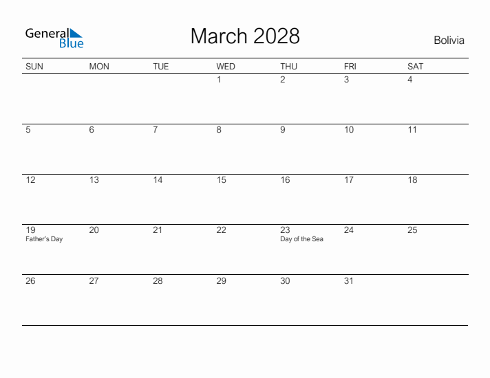 Printable March 2028 Calendar for Bolivia