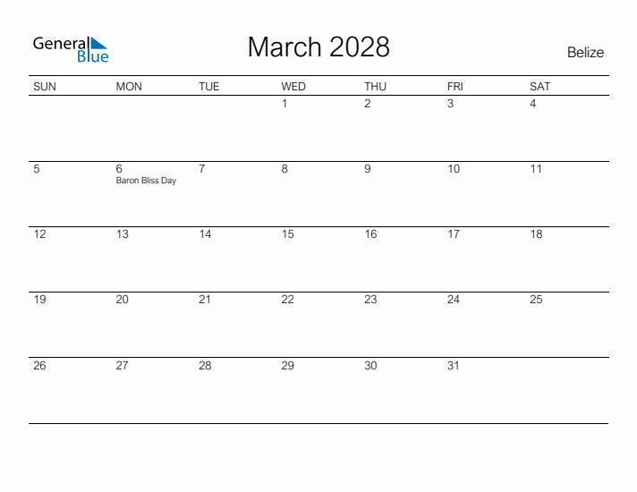 Printable March 2028 Calendar for Belize