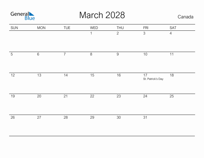 Printable March 2028 Calendar for Canada
