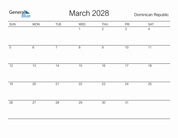 Printable March 2028 Calendar for Dominican Republic