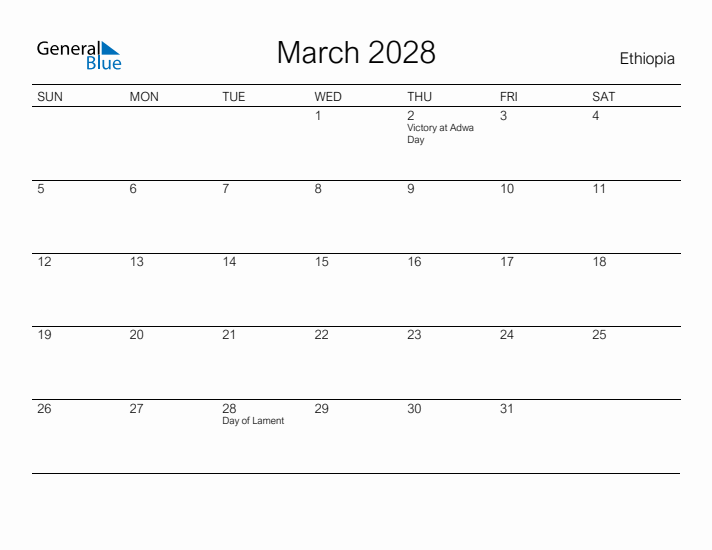 Printable March 2028 Calendar for Ethiopia