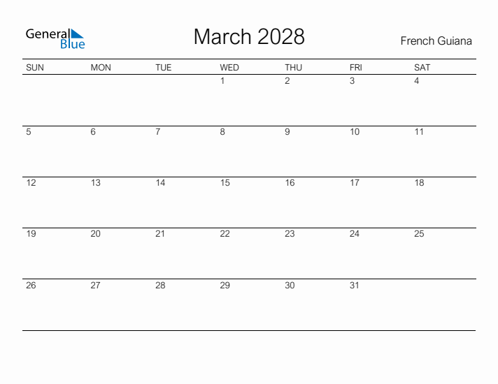 Printable March 2028 Calendar for French Guiana