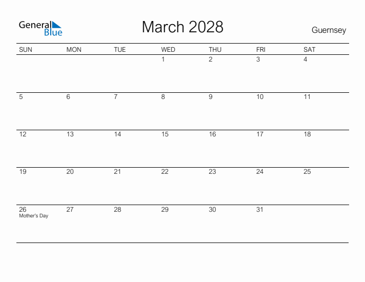 Printable March 2028 Calendar for Guernsey