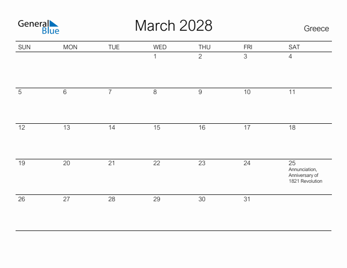 Printable March 2028 Calendar for Greece