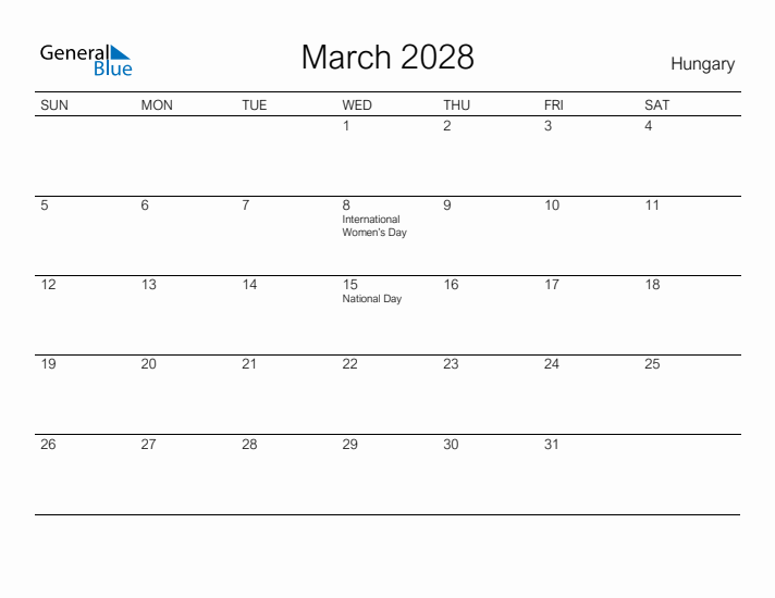 Printable March 2028 Calendar for Hungary
