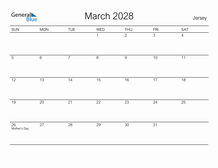 Printable March 2028 Calendar for Jersey