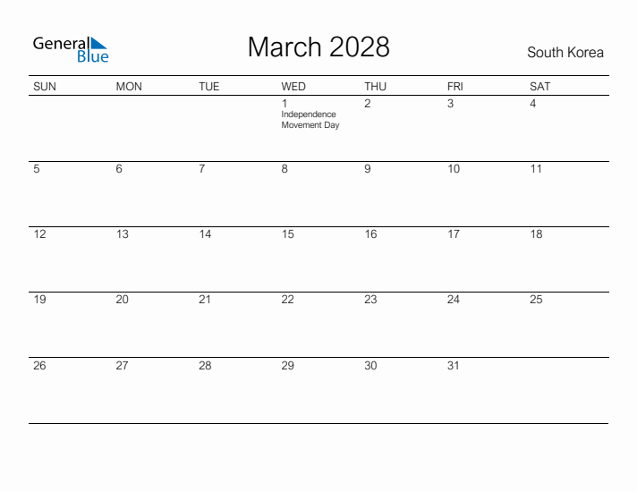 Printable March 2028 Calendar for South Korea