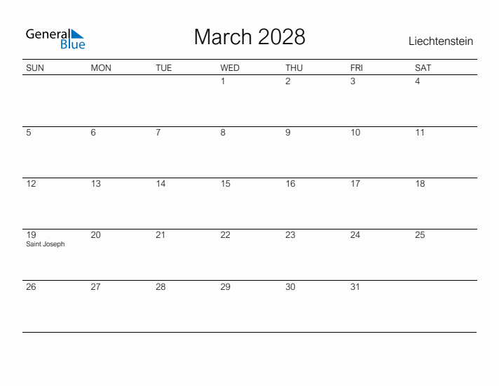 Printable March 2028 Calendar for Liechtenstein