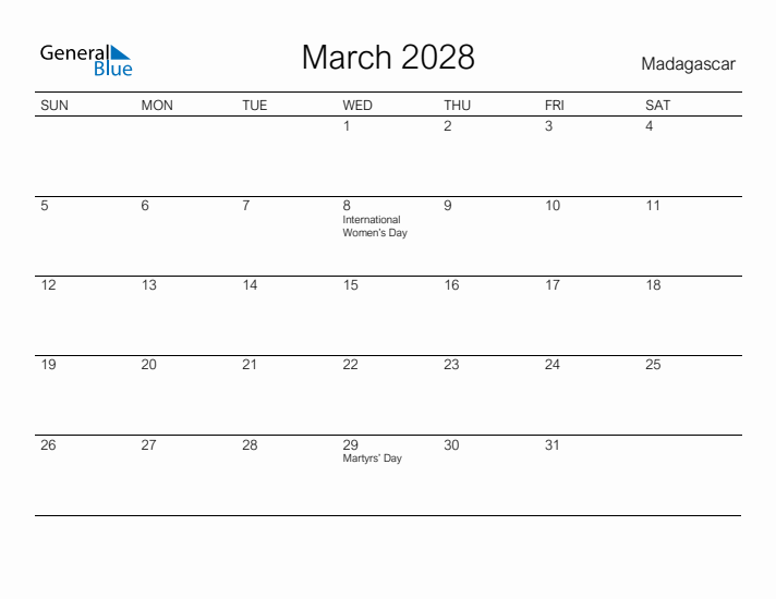Printable March 2028 Calendar for Madagascar