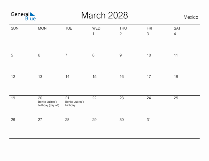 Printable March 2028 Calendar for Mexico