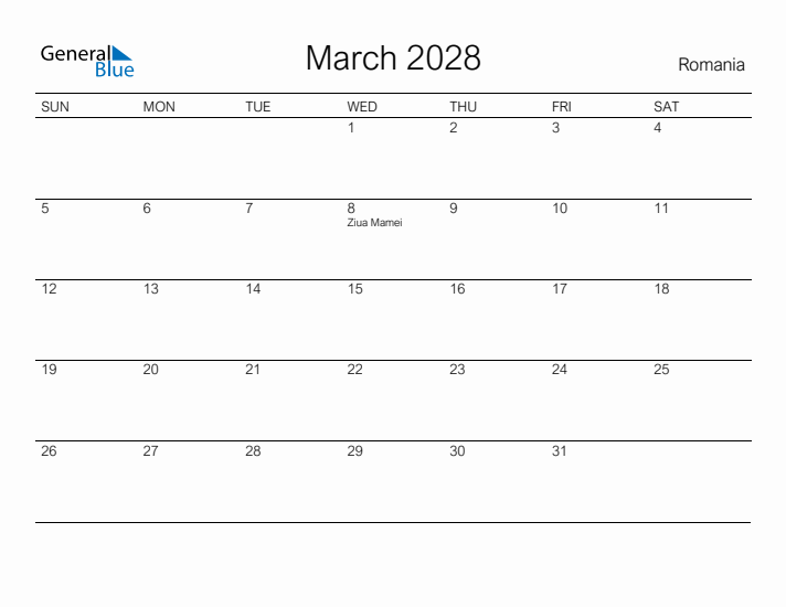Printable March 2028 Calendar for Romania
