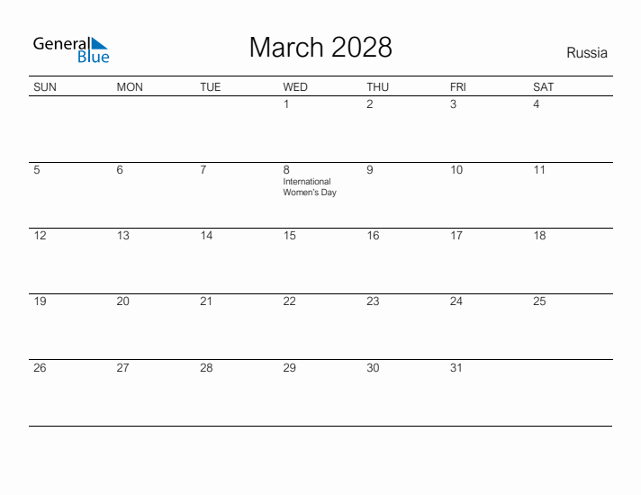 Printable March 2028 Calendar for Russia
