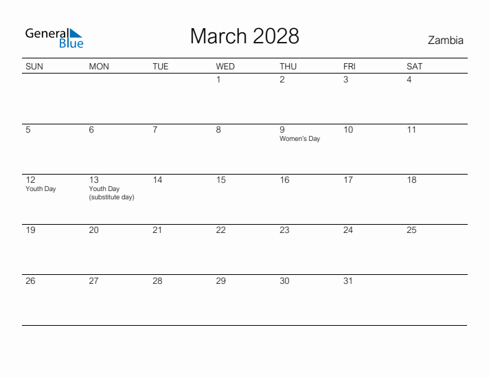 Printable March 2028 Calendar for Zambia