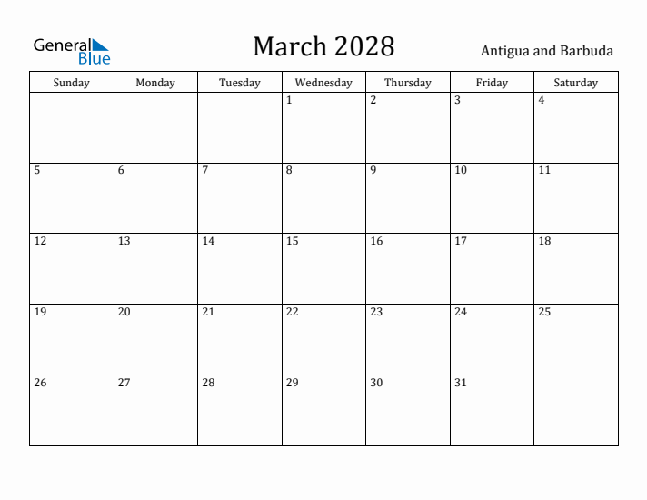 March 2028 Calendar Antigua and Barbuda