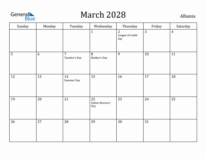 March 2028 Calendar Albania