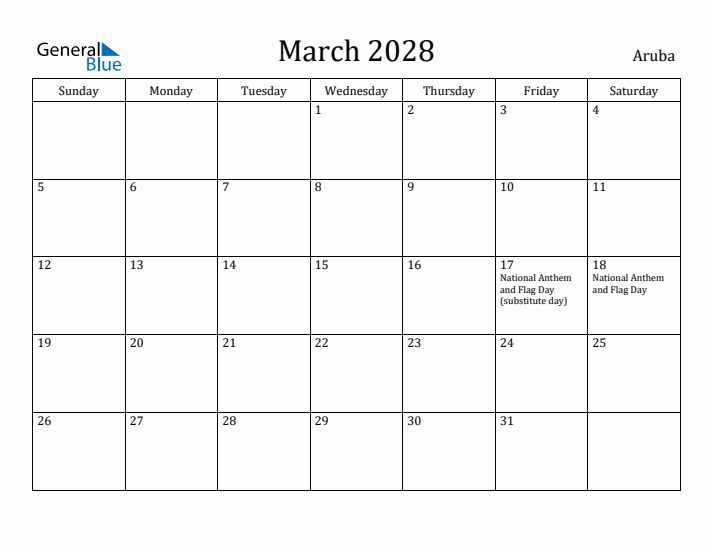 March 2028 Calendar Aruba
