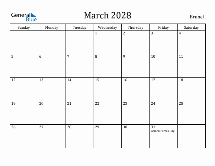 March 2028 Calendar Brunei