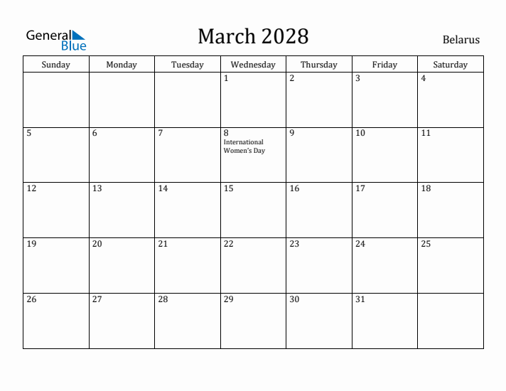 March 2028 Calendar Belarus