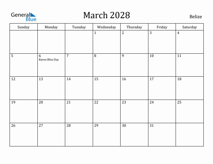 March 2028 Calendar Belize
