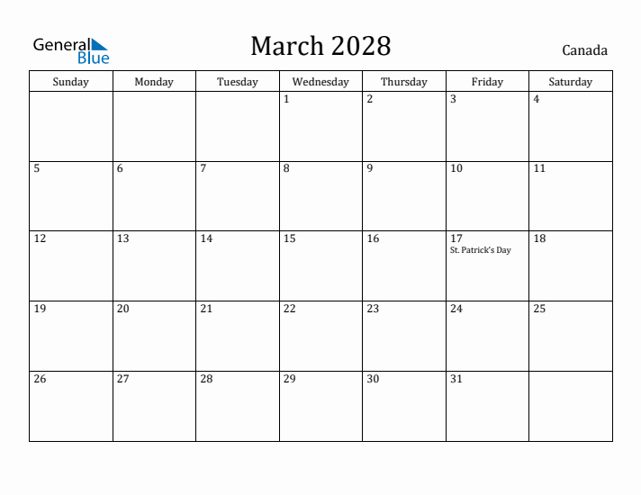 March 2028 Calendar Canada